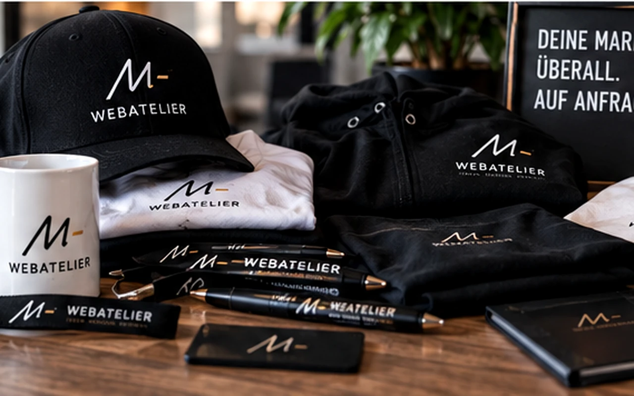 Realistische Darstellung mit T-Shirt, Cap, Kugelschreiber und weiteren Werbemitteln